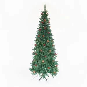 Artificial Slim Christmas Tree Pre - Lit Pencil Feel Real Skinny Fir Tree With Cones And Berries 7.5 Ft Foldable Metal Stand