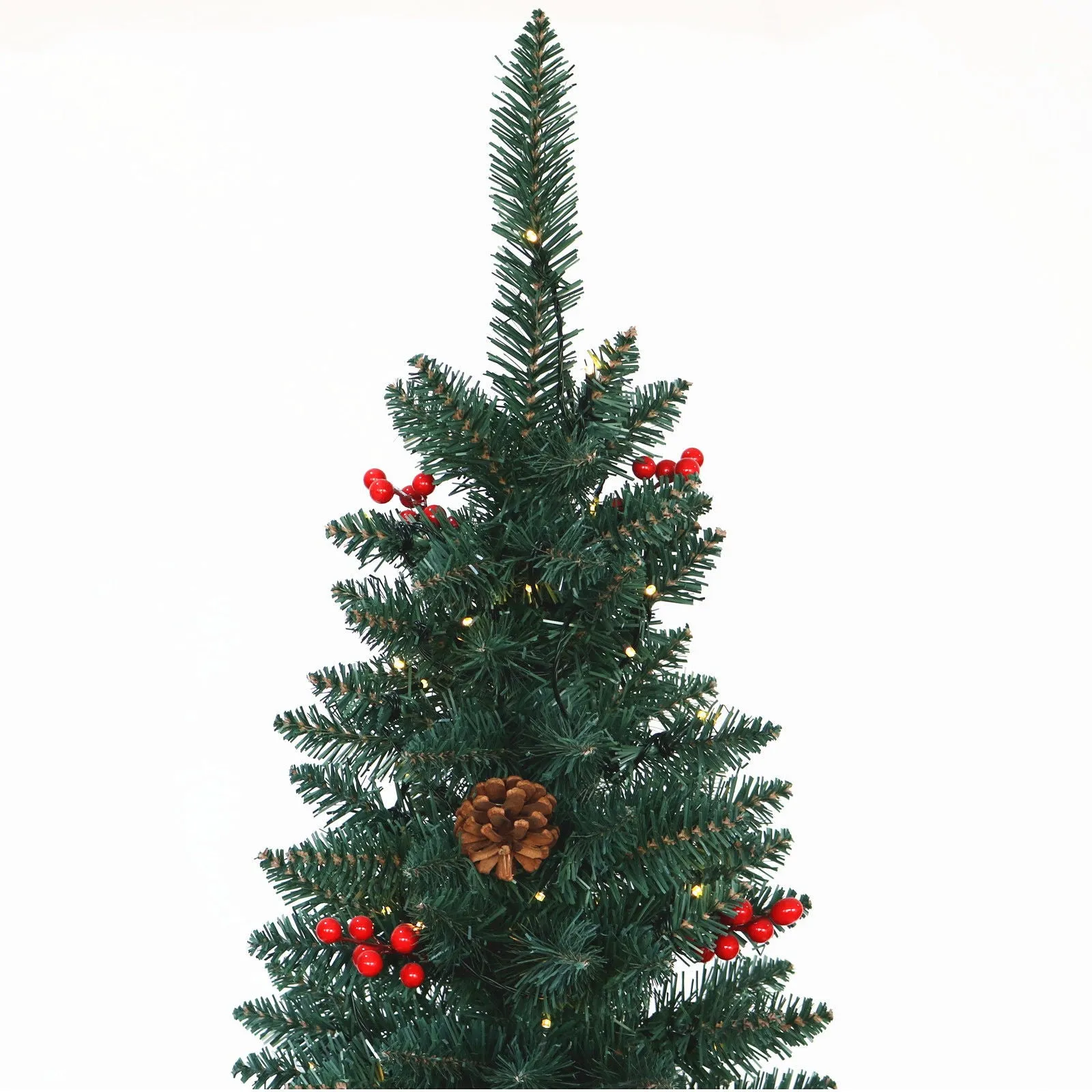 Artificial Slim Christmas Tree Pre - Lit Pencil Feel Real Skinny Fir Tree With Cones And Berries 7.5 Ft Foldable Metal Stand
