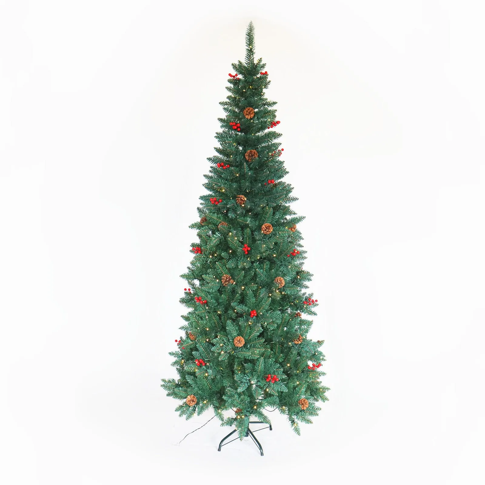 Artificial Slim Christmas Tree Pre - Lit Pencil Feel Real Skinny Fir Tree With Cones And Berries 7.5 Ft Foldable Metal Stand