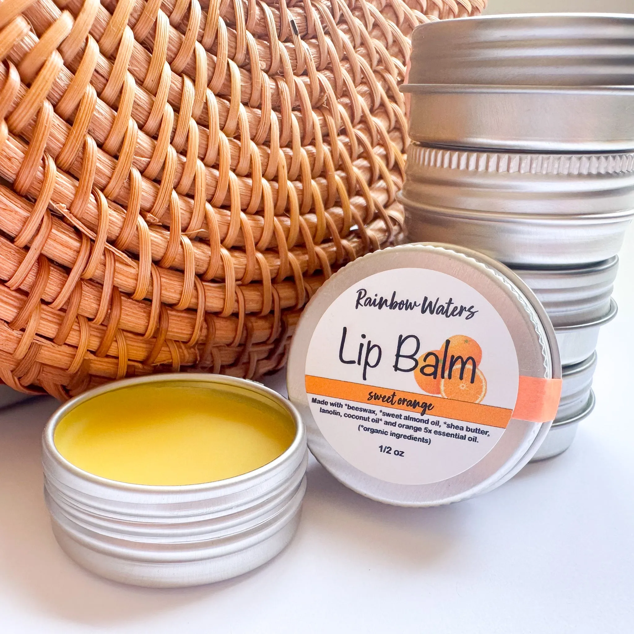 Sweet Orange Lip Balm, lanolin enriched, 1/2 oz tin