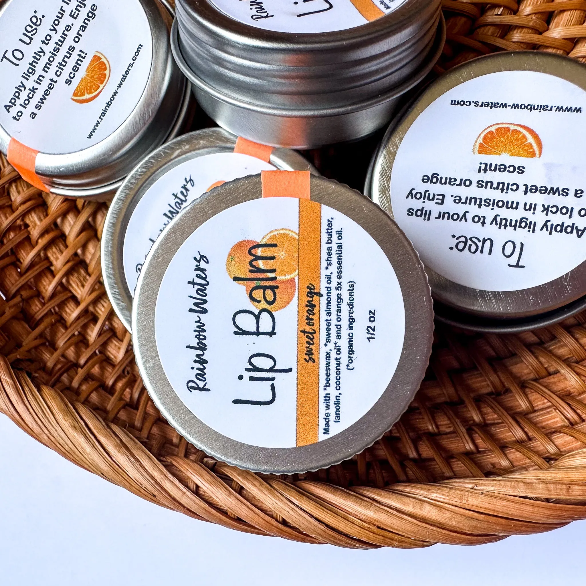 Sweet Orange Lip Balm, lanolin enriched, 1/2 oz tin
